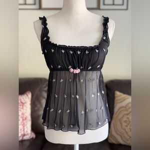 Y2k Victoria's Secret‎ Mesh Floral Embroidered Corset Milk Maid Tank Top Size L